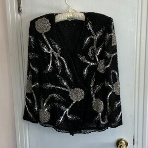 Vintage Saks Fifth Avenue Black Silver Silk Evening Holidays Jacket Sz Medium